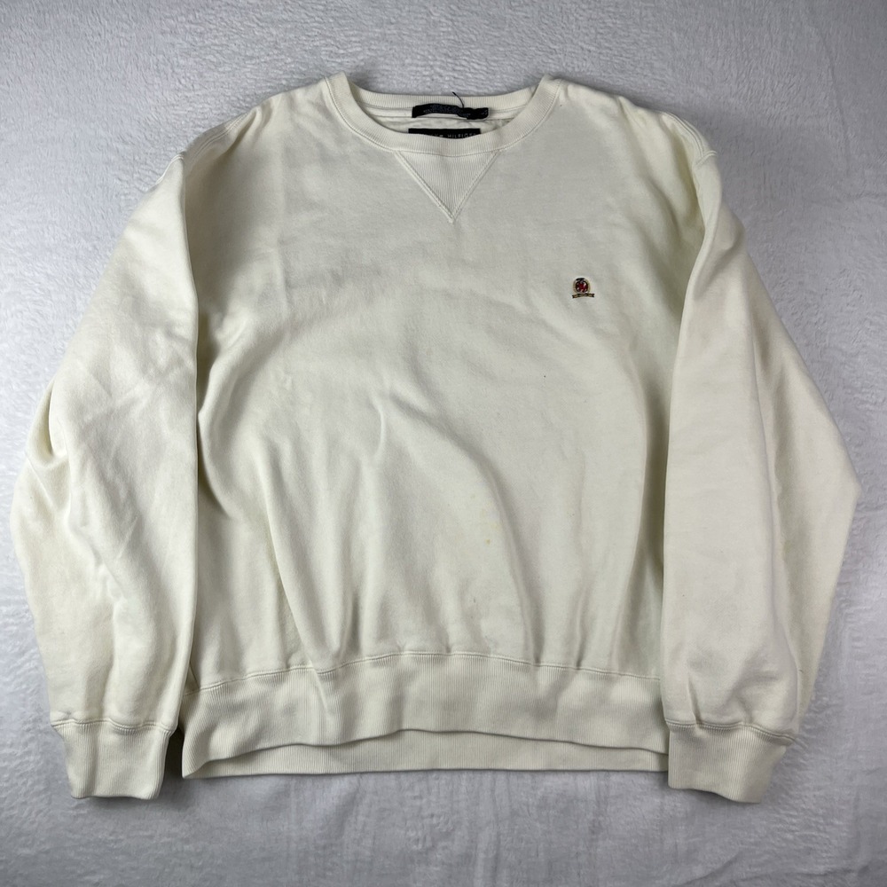 Tommy Hilfiger Sweatshirt Mens Large Beige Cotton Crew Neck Ribbed Trim Casual